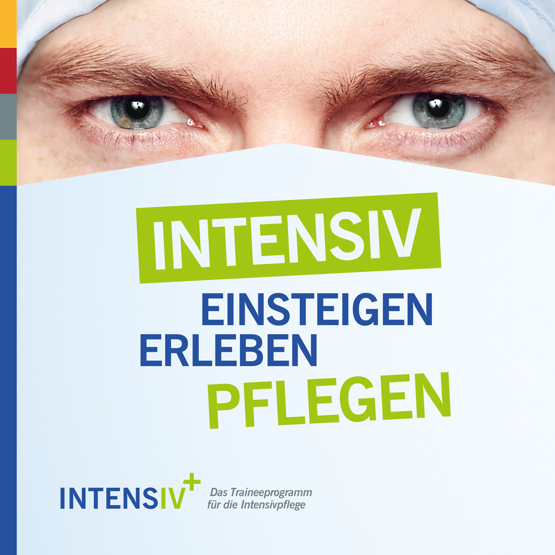 Mann mit Maske und Text "Einsteigen, Erleben, Pflegen" Intensiv+
